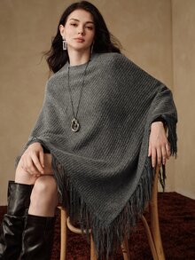 Anewsta French Lazy Ribbed Knit Cape, Tassel Edge Batwing Sleeve Loose Slimming Autumn/Winter Shawl Outerwear - Grey - View 7