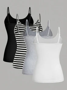 SHEIN EZwear 4件組大尺碼女款純色休閒修身細肩帶背心上衣－百搭春夏風格，適合辦公室、居家與休閒穿著（黑色、白色、灰色、黑白條紋） - 彩色 - 查看 2