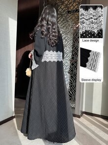 Yasmyna Autumn/Winter Elegant Elegant Fashion Versatile Lace Patchwork Polka Dot Full Skirt Long Robe - Multicolor - View 14