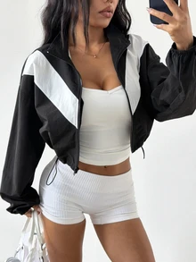 Coolane Women's Fall/Winter Streetwear Going Out Sport Comfortable Patchwork Loose Zip Up Black Jacket - Black and White - View 5