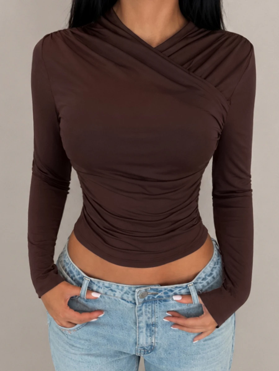 SHEIN SXY تي شيرت نسائي قصير بلون موحد مع تجاعيد وأكمام طويلة ضيق كاجوال - الأسود - مشاهدة 1