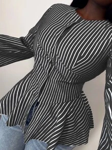 Xyvia Women's Fashion Striped Ruffle Hem Blouse - Black and White - View 3