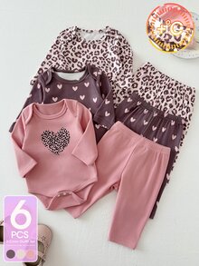 SHEIN 6件組女嬰連身褲褲裝套裝，可愛甜美粉紫色豹紋愛心印花，長袖圓領加厚款，秋季假日舒適公主風套裝 - 藕粉色 - 查看 3