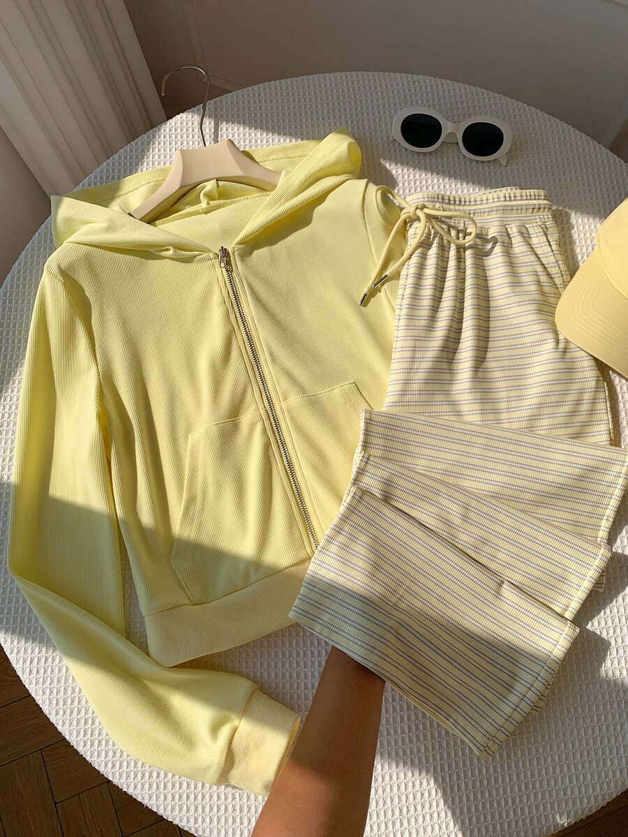 Comfortcana Women's Long Sleeve Zip-Up Hooded Sweatshirt And Drawstring Waist Striped Pants Casual 2-Piece Set - Yellow - View 1