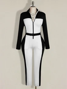 SHEIN ICON Plus Size Retro Y2K Black & White Colorblock Slimming Fitted Thermal Lined Ski Jumpsuit - Black and White - View 4
