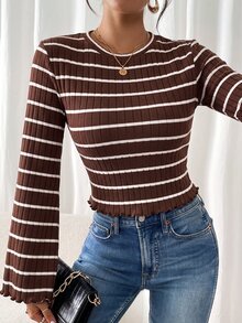 SHEIN Frenchy 女款條紋休閒日常喇叭袖T恤 - 咖啡棕 - 查看 5