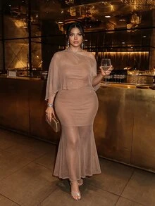 Firerie Plus Size Women's Solid Color Shiny Asymmetrical Shoulder Top And Mermaid Skirt Fashion 2 Pieces Set - Khaki - View 8