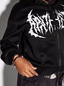 ROMWE Street Life Plus Size Women's Sequin Effect Street Letter Zip-Up Sweatshirt - Black - View 9