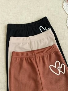 SHEIN 3件組女嬰黑色粉色愛心印花羅紋針織喇叭褲 可愛校園風秋季時尚柔軟舒適日常穿著內搭褲 - 彩色 - 查看 4