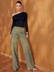 MOTF PREMIUM WOMEN'S OLIVE GREEN ASYMMETRICAL SHOULDER T-SHIRT TOP, ELEGANT COMMUTE STYLE, AUTUMN/WINTER - Black - View 3