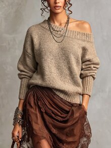 SHEIN 秋冬女款單肩針織鬆垮毛衣，寬袖寬鬆版型，柔軟舒適保暖針織衫 - 卡其色 - 查看 8
