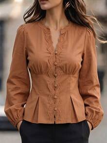 Vavine Women's Brown Contrast Lace Trim Single-Breasted Commuter Blouse - Brown - View 5