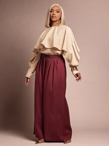 Vixey French Style Double Layer Cape Shawl Blouse For Women, Design Round Neck Loose Batwing Sleeve Draped Commuter Top - Apricot - View 2