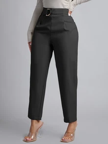 SHEIN PETITE Women's Solid Color Casual Versatile Daily Wear Long Pants - Dark Grey - View 3