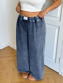 SHEIN EZwear Plus Size Casual Relaxed Elastic Waist Wide Leg Jeans, Black - Dark Wash - View 6