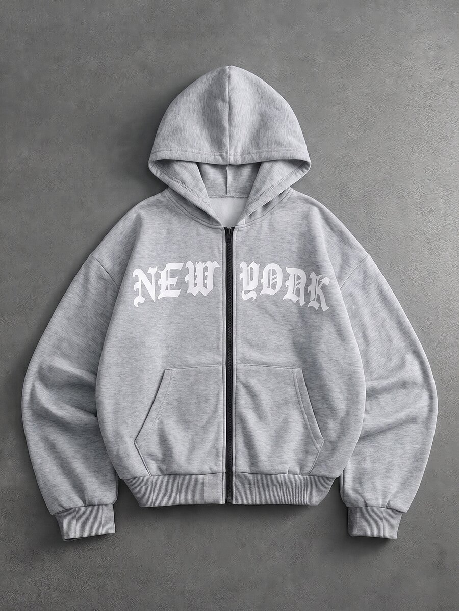 STYNVO Men's Letter Print Long Sleeve Zip-Up Casual Hoodie - Grey - View 1