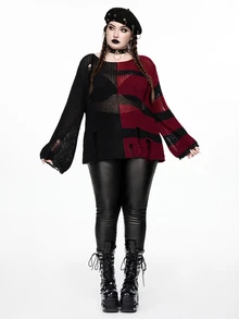 ROMWE Grunge Punk Halloween Dark Street Style Plus Size Women's Sweater, Yin Yang Color Block Distressed Design Loose Round Neck Knit Pullover - Multicolor - View 7