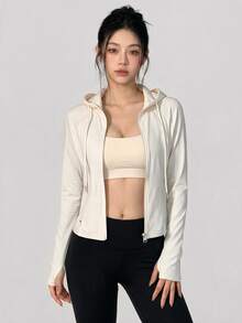 DAZY Women's Solid Color Casual Daily Wear Hooded Sports Jacket - White - View 6