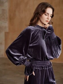 Anewsta Women's New Autumn/Winter Elegant Velvet Fabric Shirred Ruffle Lantern Long Sleeve Romantic Blouse - Purple - View 4