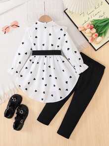 SHEIN Elladie kids 2件組女童套裝，含腰帶上衣與緊身褲，時尚設計，適合春季/秋季 - 黑與白 - 查看 2