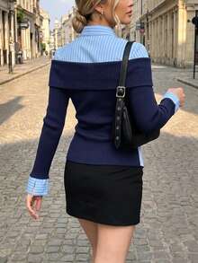 Selenza Women's Fashionable New Spring/Autumn Romantic Elegant Black Off-Shoulder Striped Patchwork Shirt, 2 In 1 Design, Suitable For Daily Commute, Date, Outing, Vacation And Various Occasions, Fashionable Item - Blue - View 2