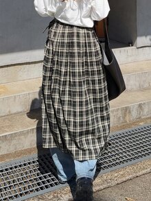 FRIFUL Women's Plaid Side Buckle Design Slit Skirt - Black - View 3