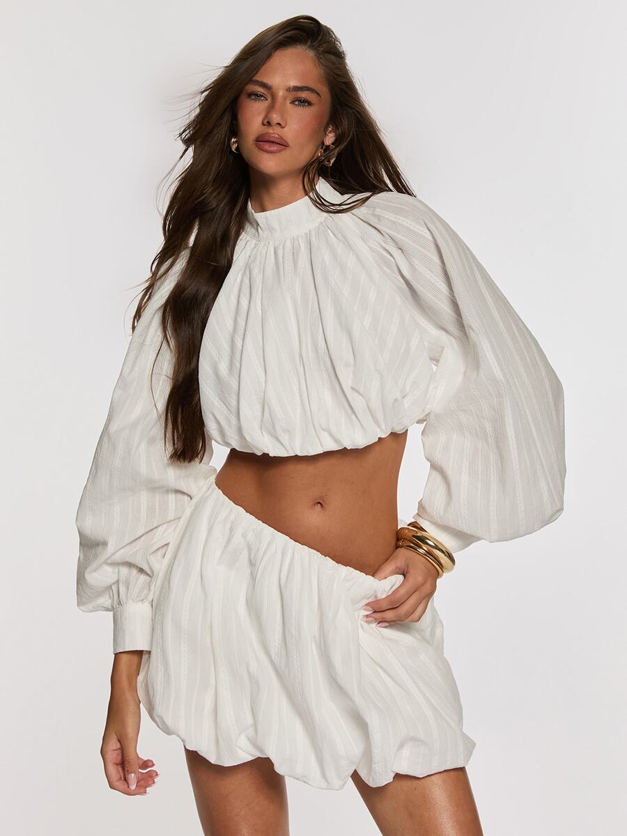 Opulessa Women's Solid Color Pleated Long Sleeve Top And Shorts Casual 2 Pieces Set - White - View 1