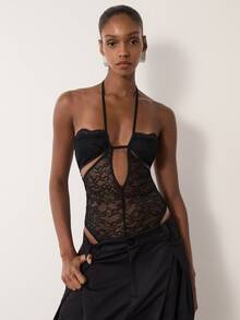 MERLEAU Women's Modern Lace Black Bodysuit - Black - View 2