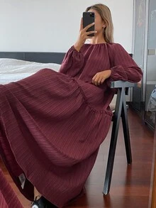 DAZY Gaun Lengan Panjang Berlipit Longgar Warna Polos, Gaun Panjang Wanita Elegan untuk Liburan Musim Semi/Gugur - Burgundy - View 6