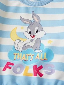 LOONEY TUNES X SHEIN طقم سويت شيرت وبنطلون بأكمام طويلة مطبوع عليه حروف وكارتون للأطفال الذكور - الأزرق - مشاهدة 4