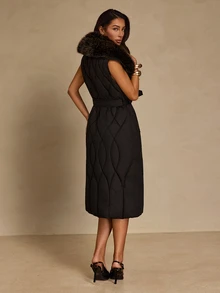 Glamine Winter Black Long Vest Coat With Large Fur Collar And Waist Tie Night Elegant - Black - View 2