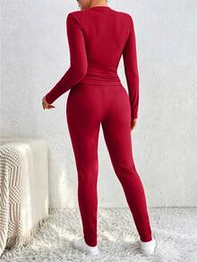 Chiquease 女款冬季純色加厚保暖內裡兩件套 - 紅色 - 查看 2