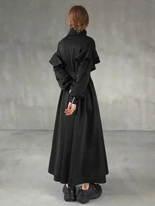 FRIFUL Women's Solid Color Zipper Half-Placket Patchwork Ruffle Hem Casual Long Dress - Black - View 2