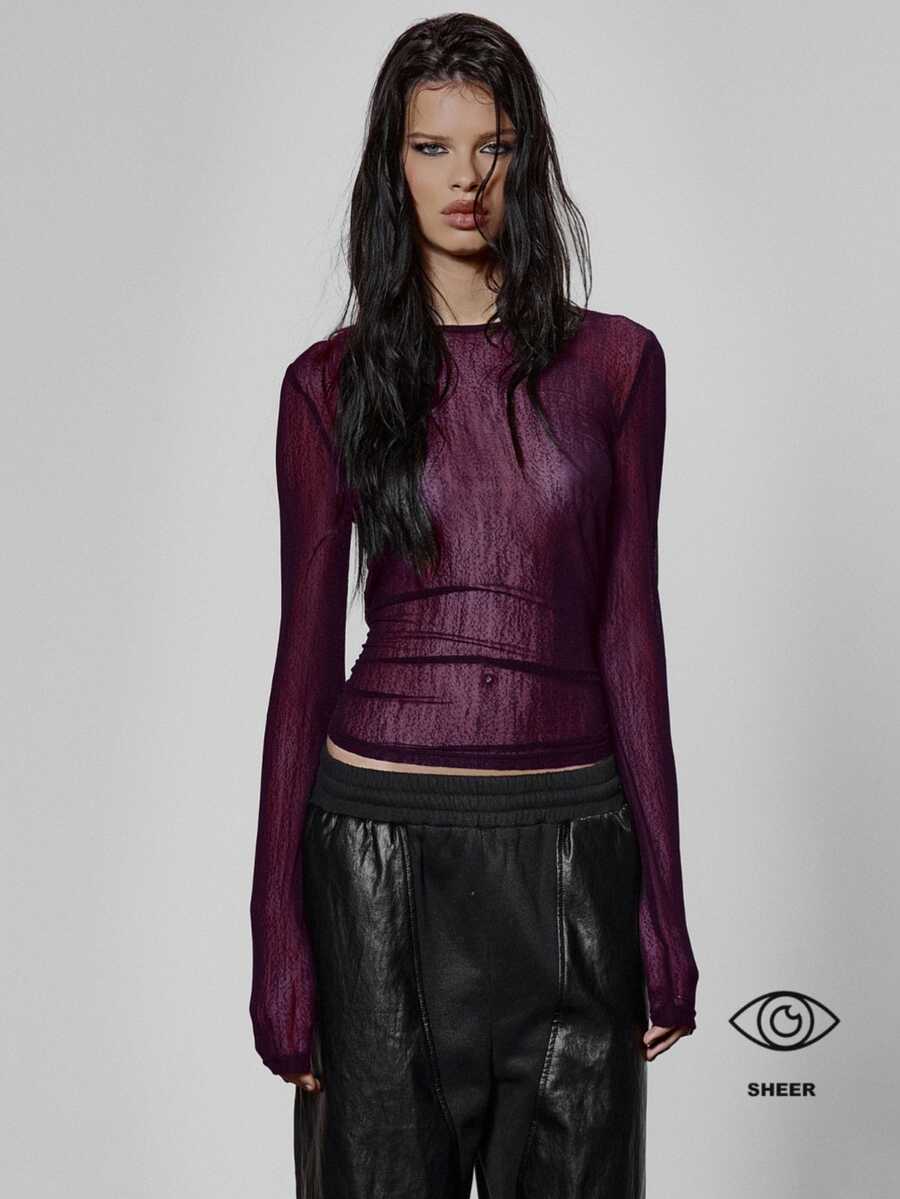 MUSERA Sheer Mesh Long Sleeve Fitted Crewneck Top Streetwear Cool Night ...