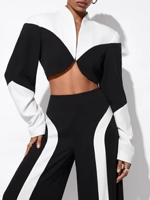 Aveloria GENKIRA Fall Black And White Contrast Color Asymmetrical Design Cropped Stand Collar Curved Hem Loose Wide Shoulder Silhouette Blazer Jacket Women's Suit Set - Black and White - View 4