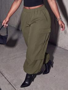 Slaydiva Plus Size Convertible Cargo Parachute Pants, Detachable Leg MultiPocket Baggy Streetwear Trousers - Army Green - View 4