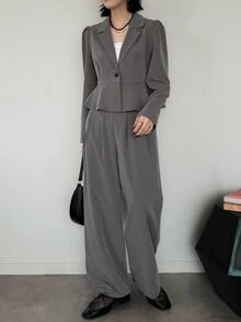 FRIFUL Women's Solid Color Long Sleeve Jacket And Pants Casual Suit Set - Grey - View 5