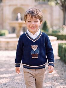 PrepCrw Sweater Kasual Lengan Panjang Berkerah V Bergaris Motif Beruang Kartun untuk Anak Laki-Laki - Royal Blue - View 5