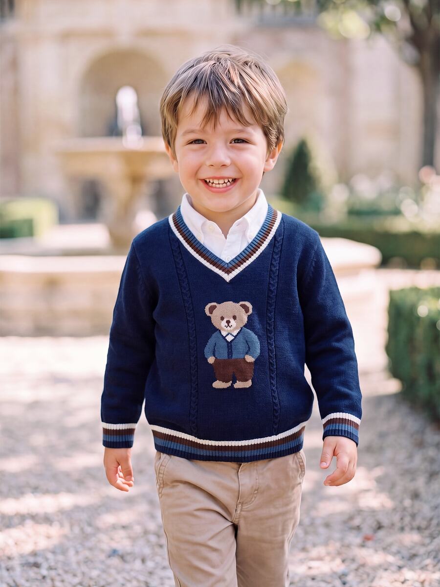 PrepCrw Young Boy Cartoon Bear Pattern Striped V-Neck Long Sleeve Casual Baby Sweater Fall Kids - Royal Blue - View 1