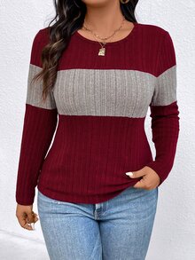 EMERY ROSE Plus Size Contrast Color Round Neck Ribbed Long Sleeve Casual T-Shirt Tees Women Tops For Spring Fall Cloth For Women - Multicolor - View 5