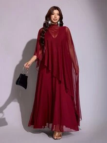 Viva Relle Plus Size Mesh Ethereal Stand Collar Cape Shawl 2 Pieces Set - Burgundy - View 2