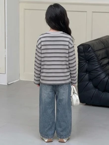 Dazy Kids (Tween Girl) 條紋寬鬆休閒長袖基礎打底T恤，秋季 - 灰色 - 查看 2
