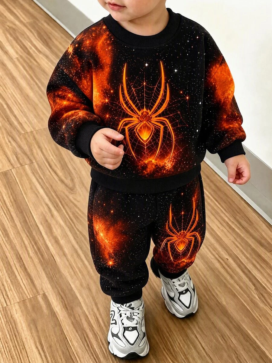1套休閒時尚男童幼兒衛衣與運動長褲套裝，黑色上衣與黑色長褲 - 彩色 - 查看 1