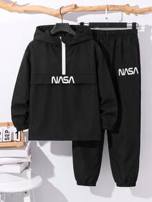 SHEIN 2件組男孩休閒日常百搭舒適拼接連帽半拉鍊套頭寬鬆長袖外套與寬鬆錐形長褲，梭織兩件套，適合學校、花園、海灘、生日，春/夏季 - 彩色 - 查看 1