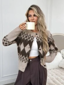 Easowa Casual Vintage Dark Academia Relaxed Elegant Commuter Old Money Style, Women's Round Neck Button-Front Fair Isle Pattern Cardigan Sweater, Fall Brown - Multicolor - View 5