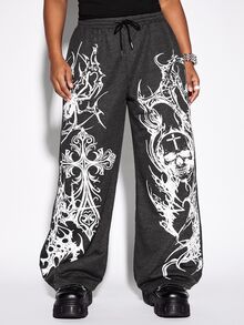 ROMWE Street Life Plus Size Women's Black Casual Streetwear Skull Cross Pattern Sweatpants - Black - View 5