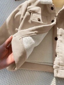 SHEIN 兒童小男孩保暖內裡厚磅燈芯絨翻領夾克，保暖夾克，冬季夾克，夾克，羊毛，厚款，幼兒冬季衣物 - 杏色 - 查看 5