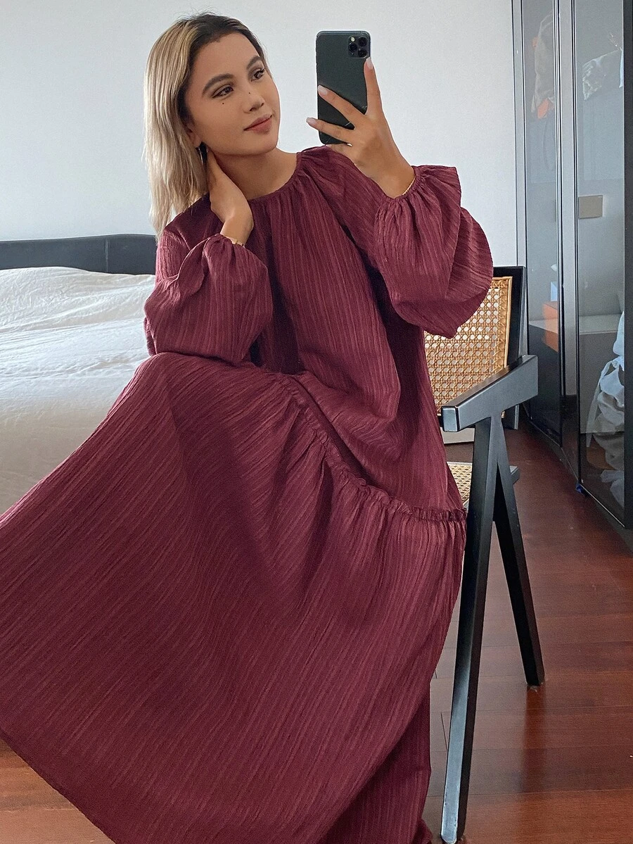 DAZY Gaun Lengan Panjang Berlipit Longgar Warna Polos, Gaun Panjang Wanita Elegan untuk Liburan Musim Semi/Gugur - Burgundy - View 1
