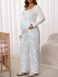 SHEIN جمبسوت كاجوال للارتداء اليومي بطبعة كاملة للحوامل - ازرق وابيض - مشاهدة 2