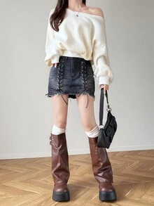 FRIFUL Women's Tie-Up Design Casual Daily Denim Mini Skirt - Blue - View 2